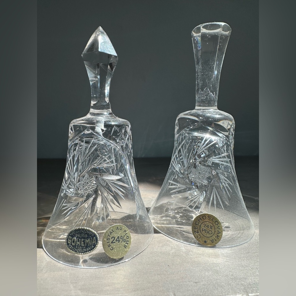 Vintage Czechoslovakia Crystal Bell Set with Etched Design